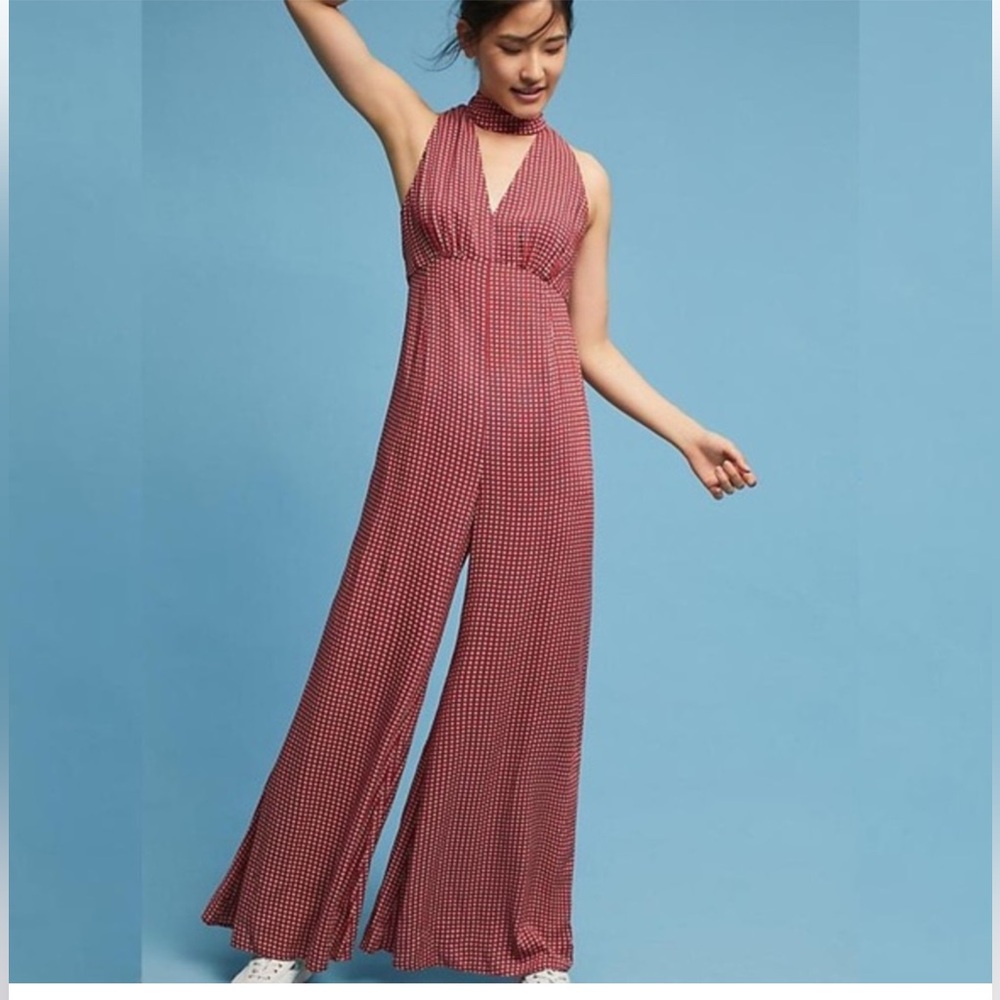 Anthropologie Red Printed Halter Wide-Leg Jumpsuit
